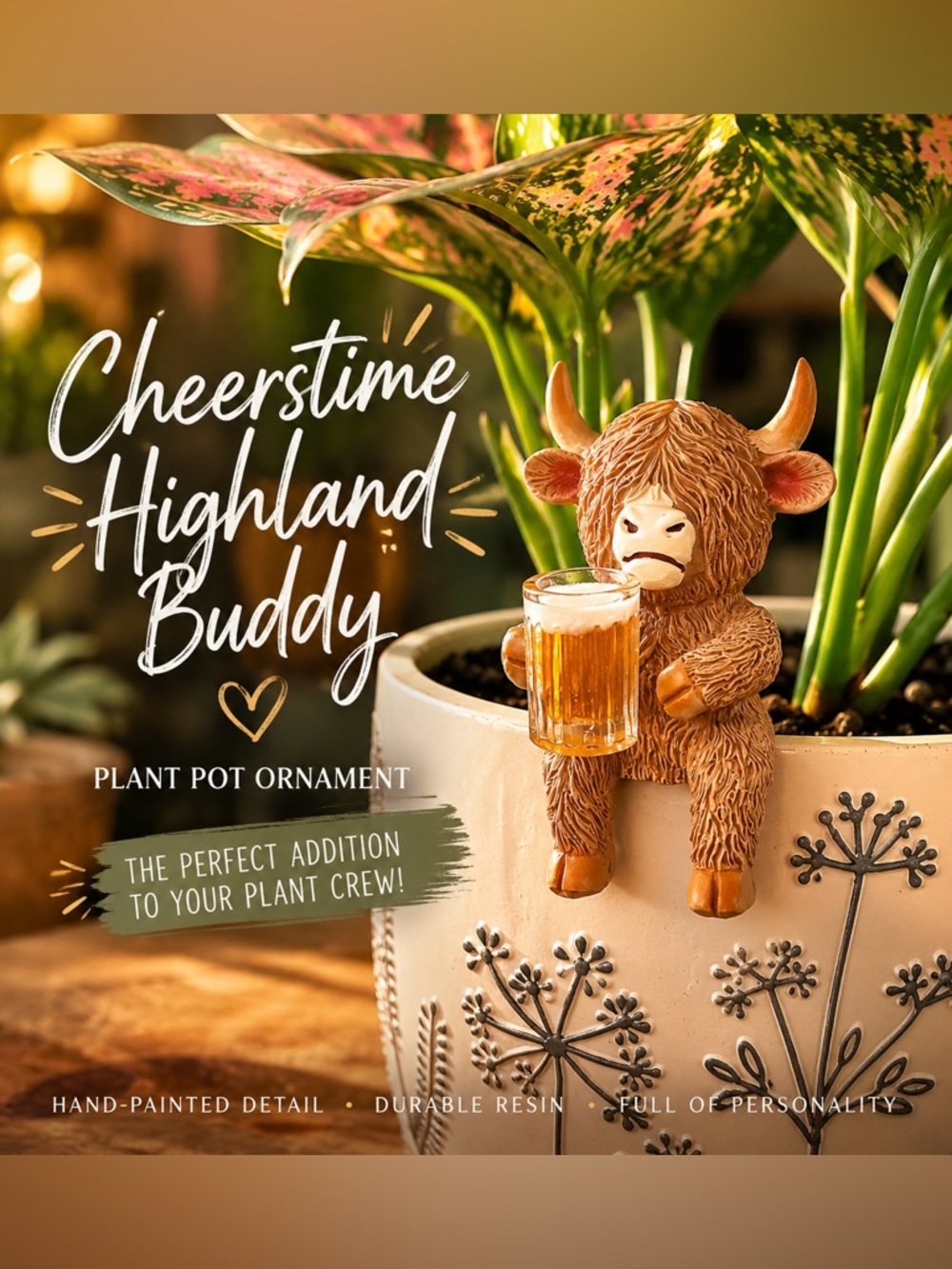 Precious Highland Cow Plant Pot Hanger Ornament with Mug Resin Decor